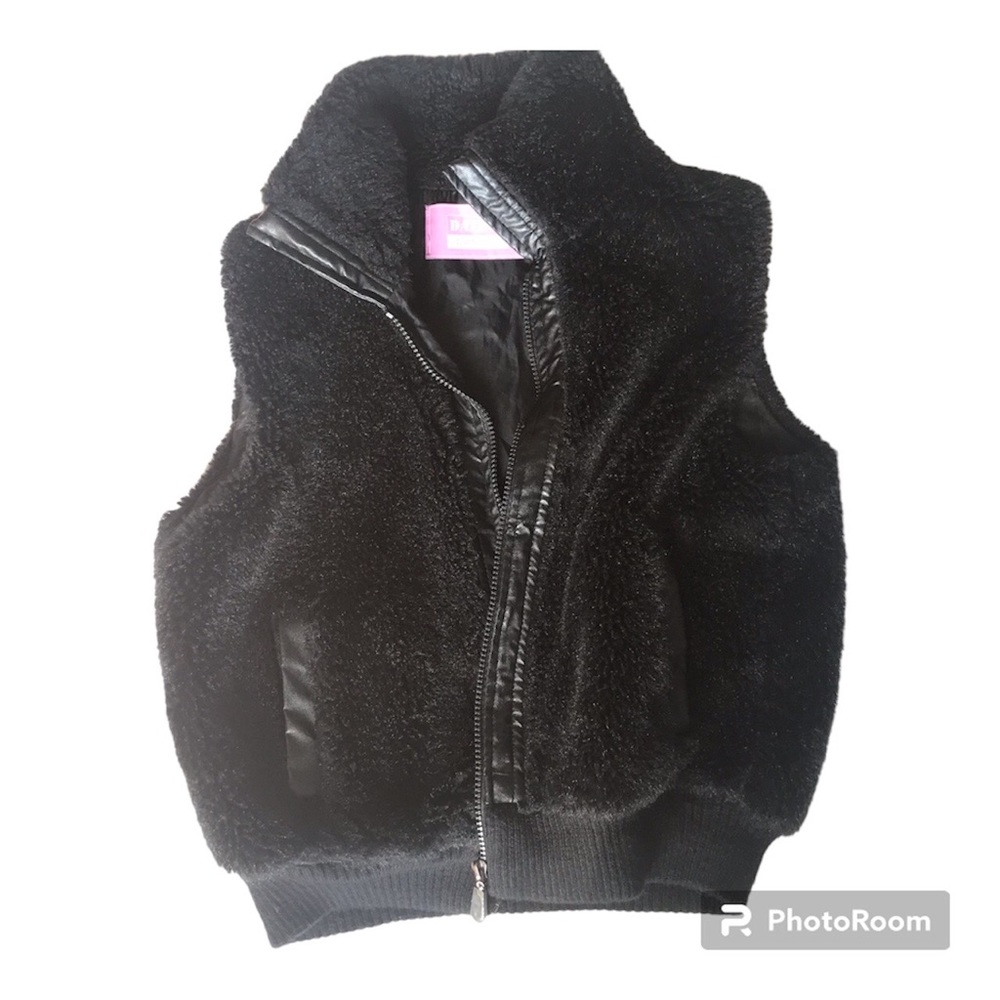 Faux Fur Vest Black w/Pleather Trim Zip Up Open Collar & Pockets Size Medium